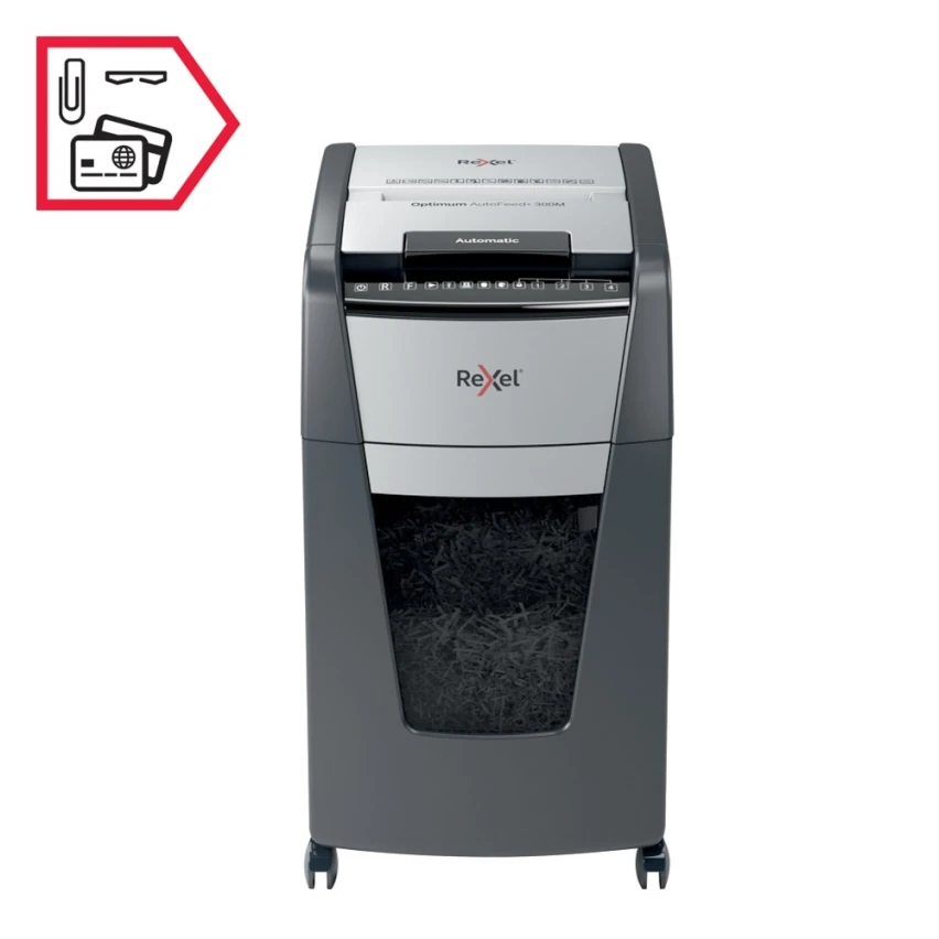 Distrugator documente automat REXEL Optimum 300M, P5, micro-cut, 300 coli, cos 60l, negru-gri
