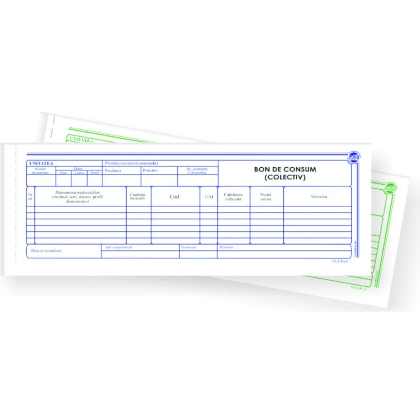 Bon consum colectiv, 1/2A4, tipar fata, autocopiativ, 2 ex alb/color 50 seturi/carnet